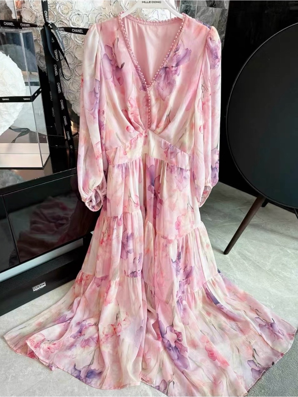 Pearl-Trim Pink Floral Tiered Maxi Dress by